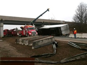 An image from the scene of a transport truck accident in the westbound lanes of Highway 401 near Chatham-Kent on Nov. 19, 2019.