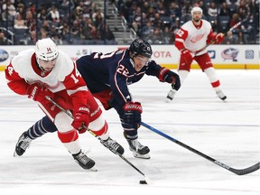 Detroit Red Wings left wing Robby Fabbri (14) reaches for a loose puck in front of Columbus Blue Jackets left wing Sonny Milano (22) during the third period at Nationwide Arena.