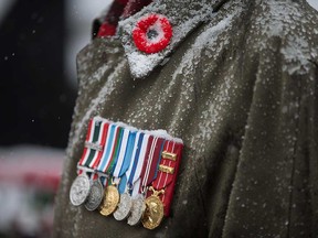 Snow-covered medals of a veteran at the Remembrance Day ceremony in downtown Windsor on Nov. 11, 2019.