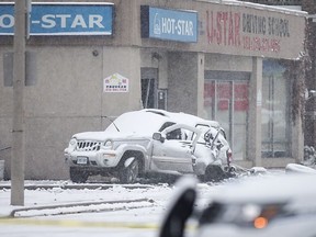 The wreckage of a Jeep Liberty that collided with a restaurant building in the 1700 block of University Avenue West in Windsor during the early morning hours of Nov. 11, 2019.