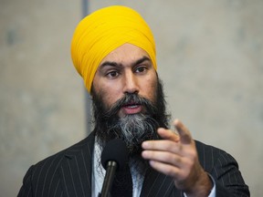 NDP leader Jagmeet Singh speaks to reporters following a meeting with Prime Minister Justin Trudeau on Parliament Hill in Ottawa on Wednesday, Nov. 13, 2019.