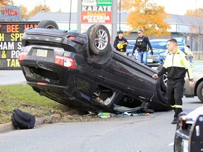 A stolen Dodge Journey that rolled over after colliding with three vehicles - including a Windsor police cruiser - on Dougall Avenue on Nov. 5, 2019.