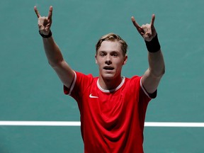 Canada's Denis Shapovalov celebrates winning his Davis Cup group stage match against Italy's Matteo Berrettini. (REUTERS/Susana Vera)