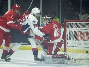 Windsor Spitfires' Cole Purboo scores the first goal of the game in the first period Thursday's game against the Sault Ste. Marie Greyhounds at the WFCU Centre.