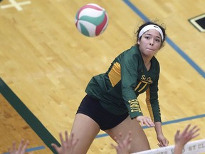 Freshman outside hitter Baylee Mailloux, who is a St. Anne high school product, spikes for the St. Clair Saints during Saturday's three-set sweep over  Redeemer Royals in OCAA women's volleyball play at the SportsPlex.