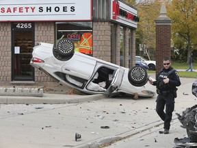 WINDSOR, ON. NOVEMBER 3, 2019. --    The scene of a multi-vehicle accident in the 4200 block of Tecumseh, Rd. E. is shown on Sunday, November 3, 2019. Witnesses said a man was travelling at a high rate of speed and struck 3 vehicles then rolled the car he was driving.