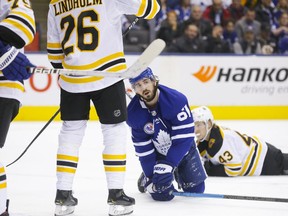 The Toronto Maple Leafs Nic Petan reacts to a missed opportunity late in 3rd period action as the Toronto Maple Leafs take on the Boston Bruins  in Toronto on Nov. 15, 2019. Bruins won.