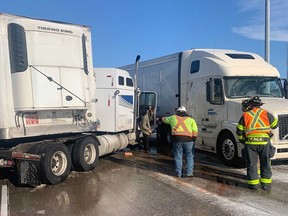 Two of four transport trucks involved in a multi-vehicle collision on Highway 401 at Highway 3 in Essex County on Nov. 12, 2019.