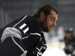 Anze Kopitar of the Los Angeles Kings looks on ahead of a game against the San Jose Sharks at Staples Center on November 25, 2019 in Los Angeles, California.