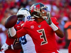 Jameis Winston of the Tampa Bay Buccaneers throws a pass during the fourth quarter of a football game against the Indianapolis Colts at Raymond James Stadium on December 08, 2019 in Tampa, Florida.