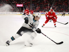 Marcus Sorensen #20 of the San Jose Sharks turns up ice while playing the Detroit Red Wings during the first period at Little Caesars Arena on December 31, 2019 in Detroit, Michigan.