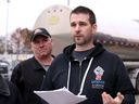 D.J. Lacey, Unifor Local 200 Diageo Unit chairperson and Kevin Matte, left, speak with media following Sunday's ratification vote in favour of a new contract.  