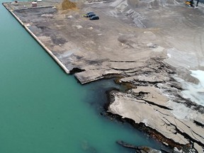 The collapsed shoreline at Detroit Bulk Storage site is seen in a drone photo taken from a Michigan Deptartment of Environment, Great Lakes and Energy (EGLE) tweet.