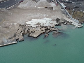 The collapsed shoreline at Detroit Bulk Storage site is seen in a drone photo taken from a Michigan Department of Environment, Great Lakes, & Energy (EGLE) tweet.