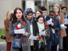 University of Windsor third-year engineering student Teagan Grinwis speaks about the life of Barbara Daigneault, who was one of 14 killed in the 1989 L'Ecole Polytechique massacre, at a ceremony at the university Friday.