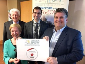 "Exemplary." Windsor Regional Hospital has been awarded Accreditation with Exemplary Standing from Accreditation Canada. Shown Dec. 30, 2019, are chief nursing executive Karen McCullough, left, WRH board chairman Dan Wilson, chief of staff Dr. Wassim Saad and hospital CEO David Musyj.