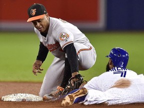 Toronto Blue Jays shortstop Richard Urena (7) is tagged out by Baltimore Orioles second baseman Jonathan Schoop (6) while trying to stretch a single into a double during eighth inning American league baseball action in Toronto on Tuesday, Sept. 12, 2017.