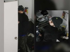 Surveillance camera images of a man who broke into three businesses in Tecumseh during the early morning hours of Dec. 9, 2019.