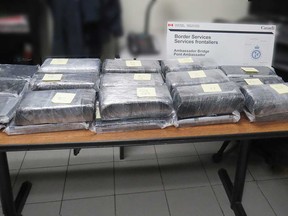 Approximately 40 kilograms of suspected cocaine, packaged as 30 bricks, that CBSA members found in a transport truck on the Windsor side of the Ambassador Bridge on Dec. 15, 2019.