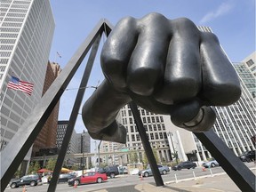 The iconic Joe Louis fist sculpture in downtown Detroit, MI. is shown on Friday, September 13, 2019.