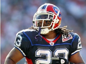 Running back Marshawn Lynch of the Buffalo Bills runs off the field after his first play back after a three game suspension by the NFL against the Miami Dolphins at Land Shark Stadium on October 4, 2009 in Miami, Florida.