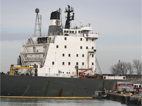 The Canadian freighter Tecumseh is shown docked at the Morterm terminal in Windsor, ON. on Monday, December 16, 2019. A fire in its engine room caused the ship to lose power and drift from the Detroit side to Windsor Sunday.