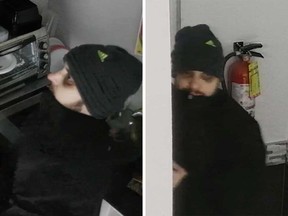 Surveillance camera images of a man who broke into three businesses in Tecumseh during the early morning hours of Dec. 9, 2019.