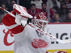 Detroit Red Wings goalie Jonathan Bernier makes a save during the first period of the game against the Montreal Canadiens at the Bell Centre.