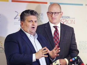 Windsor Regional Hospital president and CEO, David Musyj, left, and Windsor Mayor Drew Dilkens are shown during a press conference on Tuesday, December 3, 2019 at the Met Campus regarding the Local Planning Appeal Tribunal dismissing the appeal of the proposed mega-hospital location at County Road 42 and Concession 9.