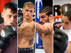 From left: Windsor flyweight Tony Laramie, Windsor featherweight T.J. Laramie, Toronto middleweight Elias Theodorou, and Windsor strawweight Randi Field in file images. All four mixed martial arts competitors are on the card for Prospect Fighting Championships 12, happening in Windsor Dec. 6, 2019.