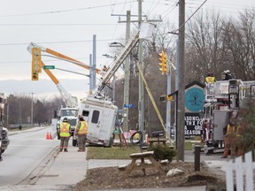 The Kingsville Fire Department was on scene to rescue a worker after his truck fell into some hydro lines while he was working in the bucket, on Division Rd., Thursday, Dec. 5, 2019.  There were no injuries reported.  Division Road between Road 2 and Road 3 was closed for a time while crews worked the scene.