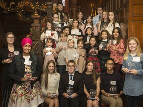 Recipients of the WFCU's 2019 Harold Hewitt Scholarship pose for a group photo at the Willistead Manor, Thursday, Dec. 5, 2019.