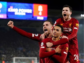 Liverpool's Trent Alexander-Arnold celebrates scoring their fourth goal in Liverpool's 4-0 win over Leicester City on Dec. 26.