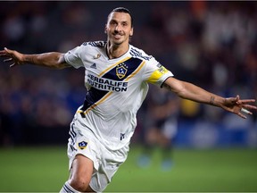 Zlatan Ibrahimovic (9) celebrates a goal while playing last season for the L.A. Galaxy of the MLS.