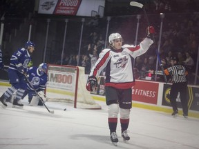 WINDSOR, ONT:. DECEMBER 19, 2019 -- Windsor's Tyler Angle scores the opening goal of the game in OHL between the Windsor Spitfires and the Mississauga Steelheads at the WFCU Centre, Thursday, Dec. 19, 2019.