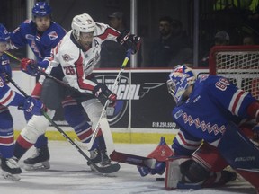 Windsor's Cole Purboo fails to get the puck in the net against Kitchener's Jacob Ingham in OHL action between the Kitchener Rangers and the Windsor Spitfires at the WFCU Centre on Dec. 5, 2019.