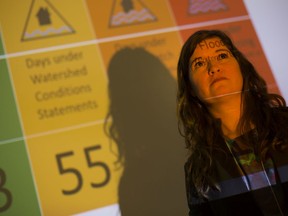 Claire Sanders, climate change specialist with the Essex Region Conservation Authority, is pictured in front of a slide showing the showing the 2019 Flood Status to Date for the Windsor and Essex region, while at the State of the Straight conference at the University of Windsor on Nov. 19, 2019.