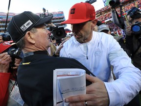 San Francisco 49ers head coach Kyle Shanahan, right, shakes hands with head coach Mike Zimmer of the Minnesota Vikings after winning the NFC Divisional Round Playoff game at Levi's Stadium on Jan. 11, 2020 in Santa Clara, Calif. (Sean M. Haffey/Getty Images)