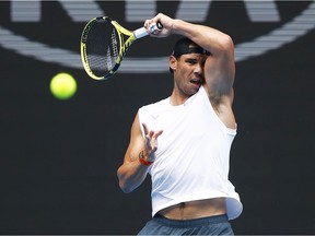 Rafael Nadal of Spain practices ahead of the 2020 Australian Open at Melbourne Park on January 16, 2020 in Melbourne, Australia.
