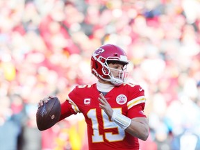 Patrick Mahomes of the Kansas City Chiefs passes in the first half against the Tennessee Titans in the AFC Championship Game at Arrowhead Stadium on January 19, 2020 in Kansas City, Missouri.