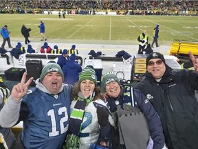 Windsor area football fans braved the cold on Jan. 12, 2020, to watch the NFC semifinal game between Seattle Seahawks and Green Bay Packers at Lambeau Field in Green Bay, Wis., including Joe Clark, left, Jordyn Mills, James Smith and Glen Mills.