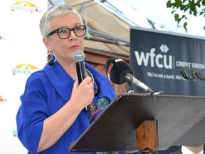 Leamington Mayor Hilda MacDonald speaks at the 12th annual Mayors' Breakfast hosted by the Leamington District Chamber of Commerce on Friday in Ruthven.