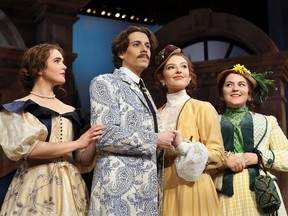 Character Geoffery Cassilis played by Brennan Roberts holds the hand of his would-be fiancee Ethel Borridge played by Kyra Scarlett, centre right, as their mothers Mrs. Cassilis, left, played by Sarah Hagarty and Mrs. Borridge, Avery MacDonald, right, come into the scene during University Players production of The Cassilis Engagement at Essex Hall Theatre University of Windsor Tuesday. Show opens January 31 at 8 PM.