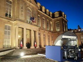 A Bombardier train simulator made for SNCF is exposed in the courtyard of the Elysee Palace, on the first day of the "Fabrique en France" (Made in France) event in Paris, on January 17, 2020. - A new event that reopens the Palais de l'Elysee to the public, this "Great Exhibition of Made in France" is inaugurated on January 17 evening by the French President. The aim is to "shed light on the companies that make efforts to produce in the country", whereas "made in France" only represents 36% of French consumption, according to the Elysee Palace.