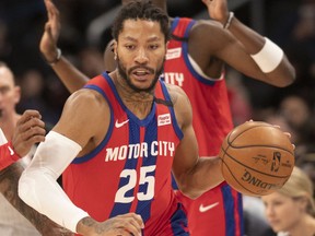 Detroit Pistons guard Derrick Rose (25), shown Jan. 20, 2020, against Wizards in Washington, was Detroit's highest scorer (22 points and eight assists) in Friday night's game against Vancouver Grizzlies.