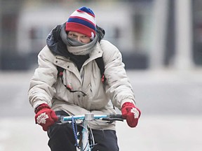 A cyclist prepares for the worst while riding in downtown Windsor on Jan. 16, 2020.