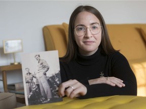 Sarah Parsons holds a photo of her late grandfather, Edward Parsons, while he was stationed in England during World War Two, at her home in Leamington, Ont., Thursday, January 2, 2020.  Parsons died in 2001 and Sarah will be going on a 60km walk through the Netherlands called In Our Father's Footsteps.