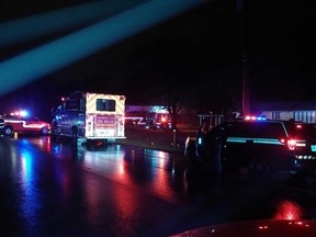 Firefighting vehicles gather in the 300 block of Talbot Street West in Leamington on the evening of Jan. 11, 2020.