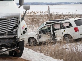 A closer view of the aftermath of a collision between a transport truck and a minivan on Highway 3 at County Road 27 on Jan. 23, 2020.