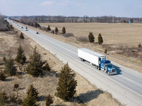 Traffic moves along a two-lane stretch of Highway 3 west of Leamington on April 5, 2019.